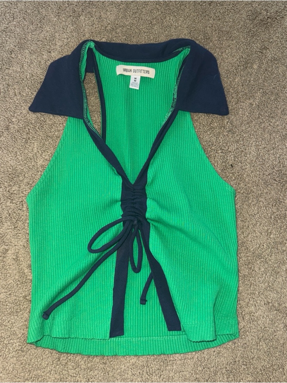 Urban Outfitters Green Ribbed Halter Tank with Navy Contrast